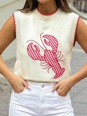 New Cream Lobster Gingham Sleeveless Sweater with red trim